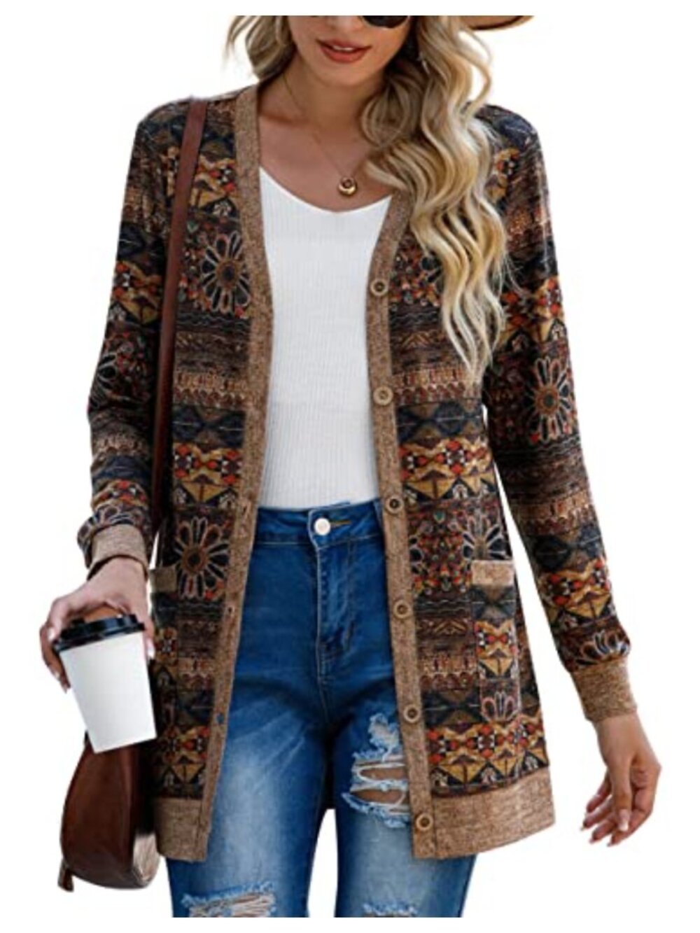 Open Front Button Down Ribbed Knit Cardigan with Pockets